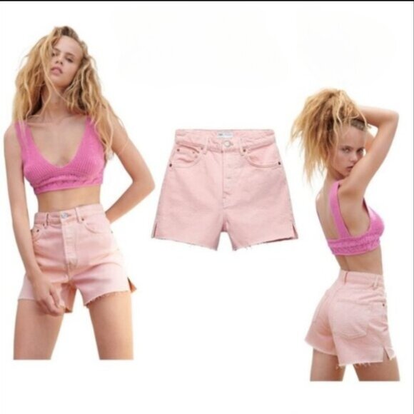 NEW! ZARA High Waist Distressed Side Slit Denim Shorts in Pink Blogger Fav, Sz14 - Picture 1 of 16